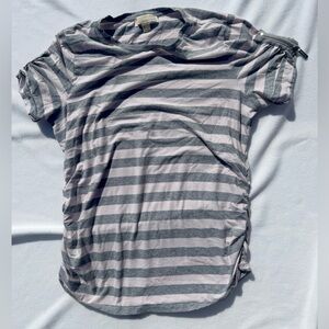 Michael Kors Women’s XL Shoulder Zip Side Ruched Shirt Grey & Light Pink Stripe